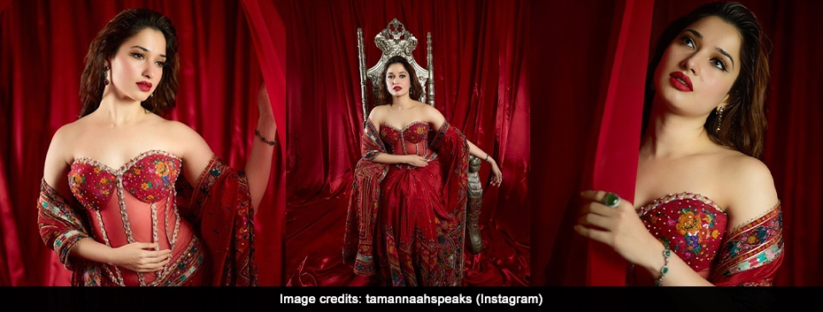 Tamannaah Bhatia Drops Regal Look in Red Corset Saree